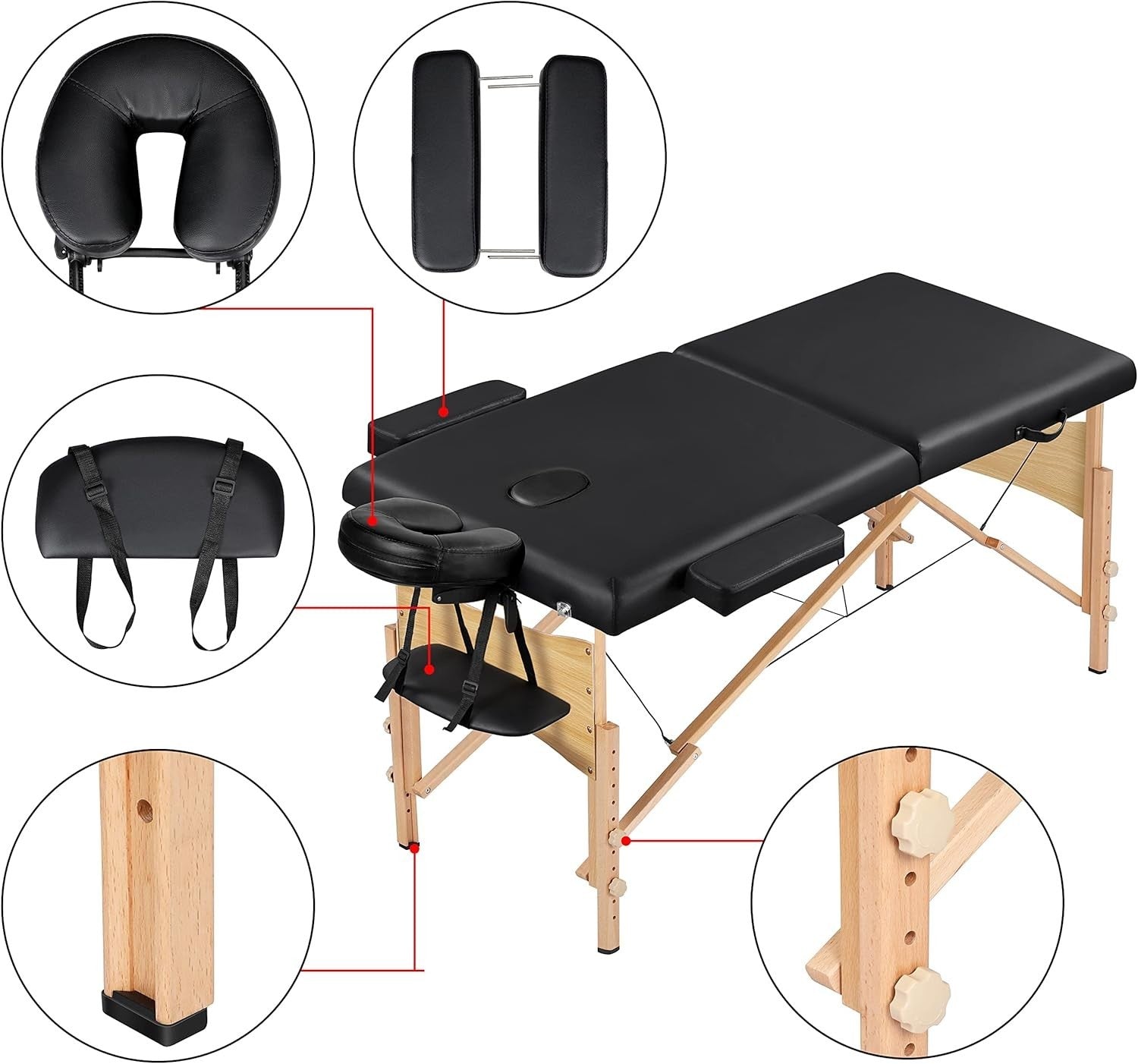 Portable Wood Massage Table 2-Section Folding Beauty Lash Bed Black 70cm Width