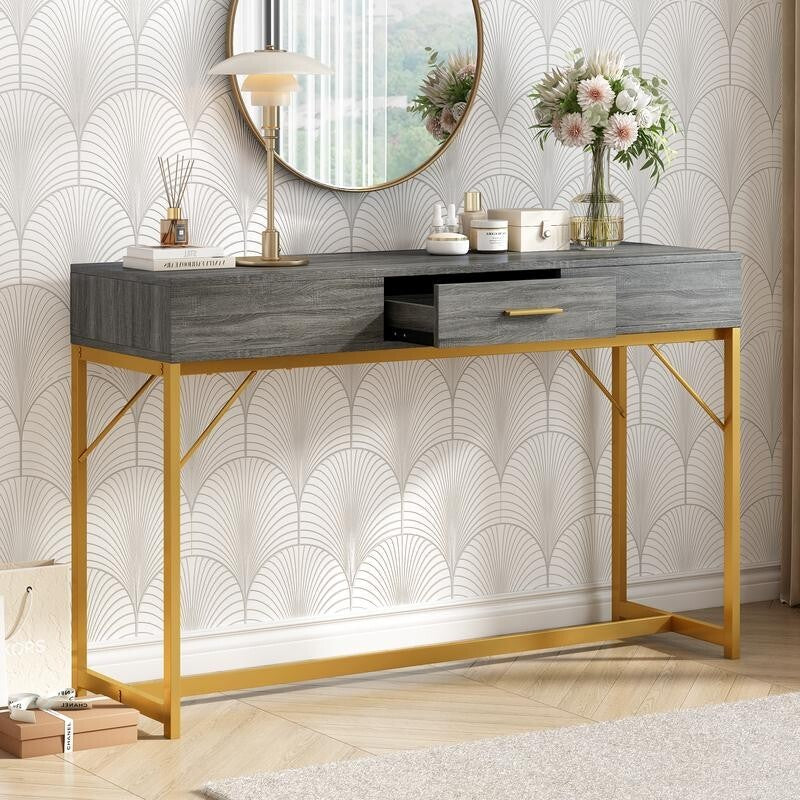 Luxury Console Table w/ Drawer – Gold Frame Entryway Hall Table 120cm