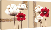 Red White Floral Canvas Wall Art 2 Panels Modern Home Decor Print