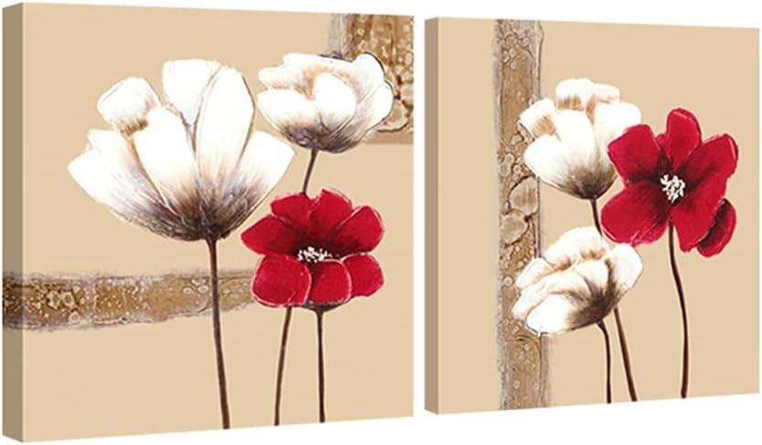 Red White Floral Canvas Wall Art 2 Panels Modern Home Decor Print