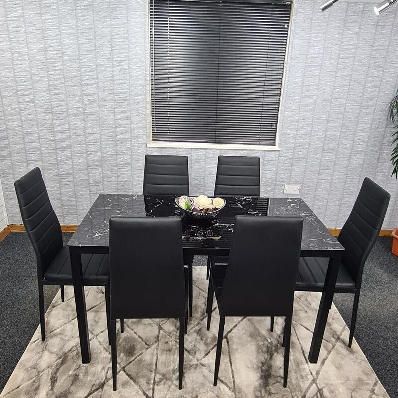6 Seat Black Marble Effect Glass Dining Table & 6 Chairs Modern Set