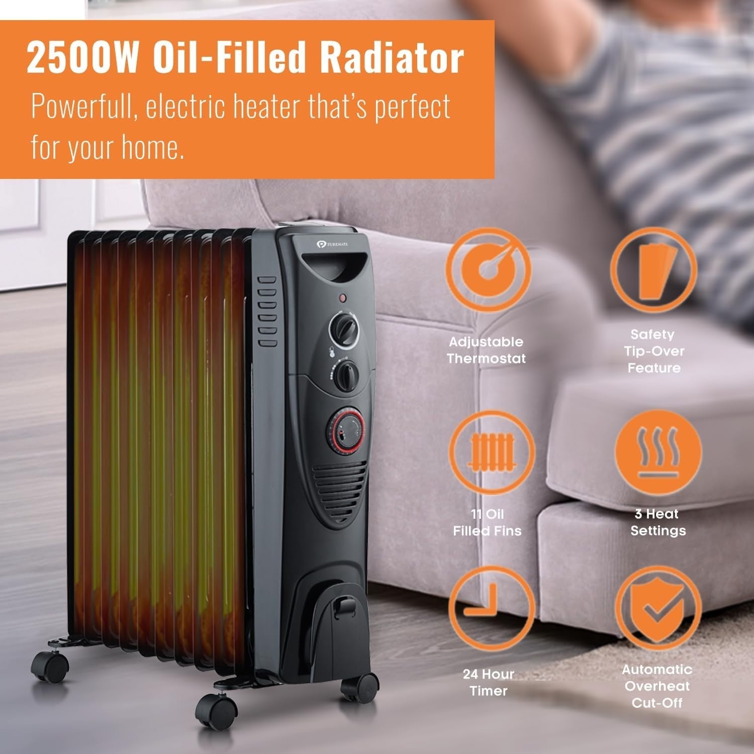 2500W Oil-Filled Radiator Heater – 11 Fins, Timer, Thermostat, Portable