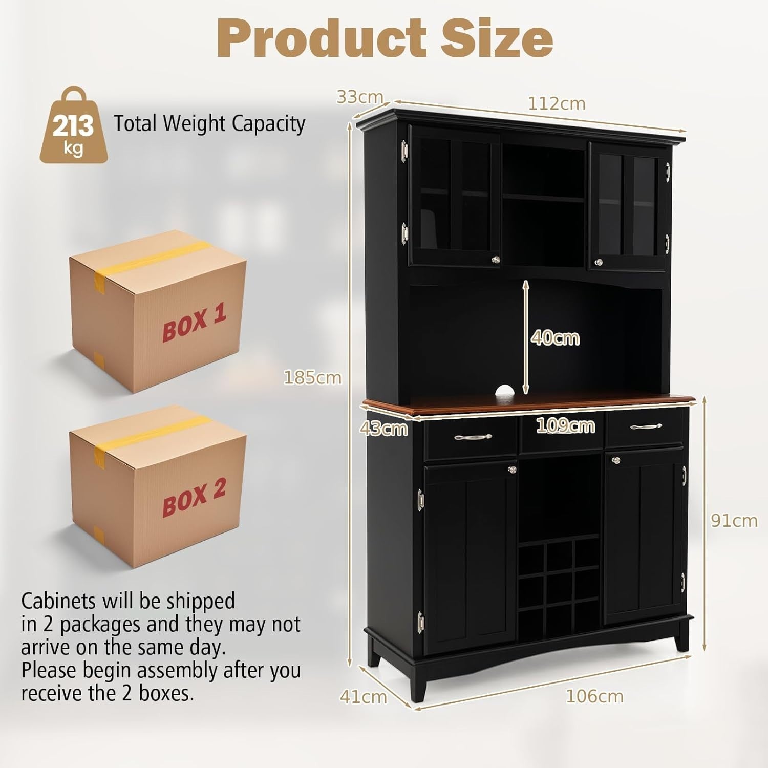 Black Tall Kitchen Storage Cabinet Buffet Cupboard with Drawers & Wine