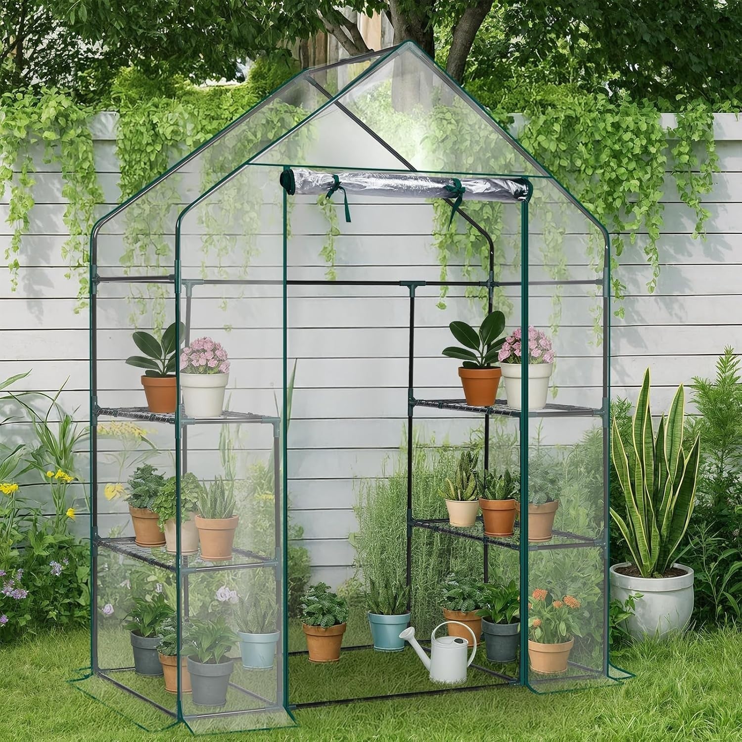 Walk-In Greenhouse with 3 Tiers 4 Shelves PVC Cover for Plants Herbs Veg