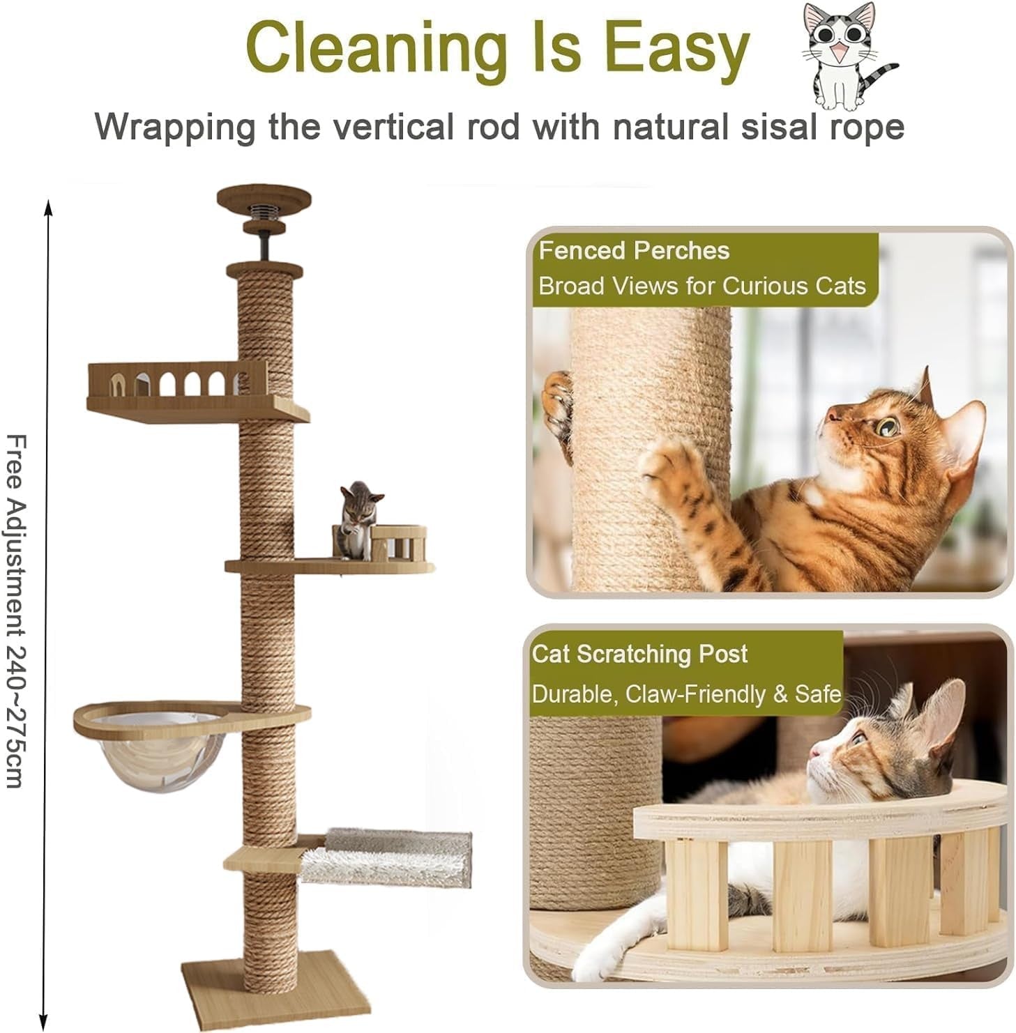 Floor to Ceiling Cat Tree Adjustable 5 Level Tower Sisal Posts Capsule Hammock
