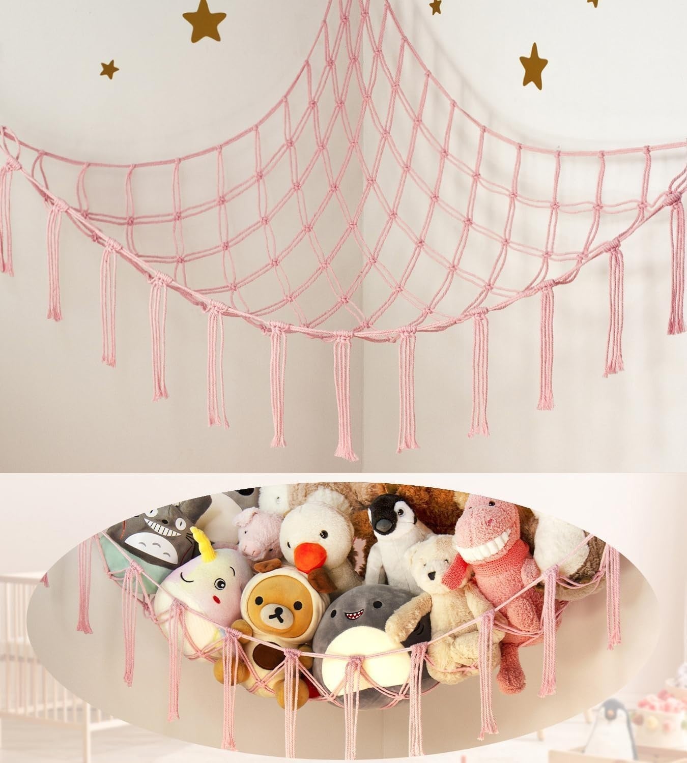 Stuffed Animal Hammock Storage Net – Cotton Toy Holder, Boho Wall Decor