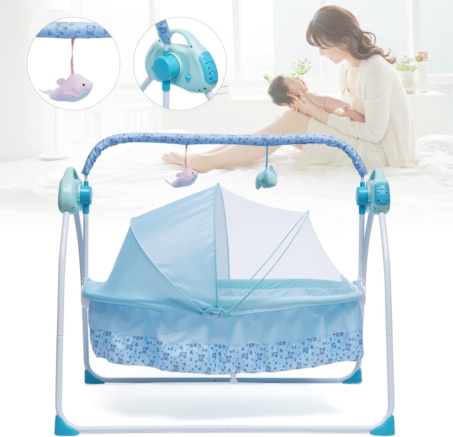 Electric Baby Cradle Swing with Bluetooth Music Timer Remote Travel Bassinet