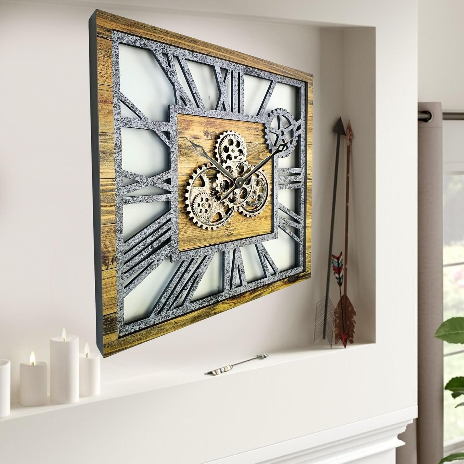 Oversized 24" Gear Wall Clock Square Wood & Stone Rustic Industrial Decor