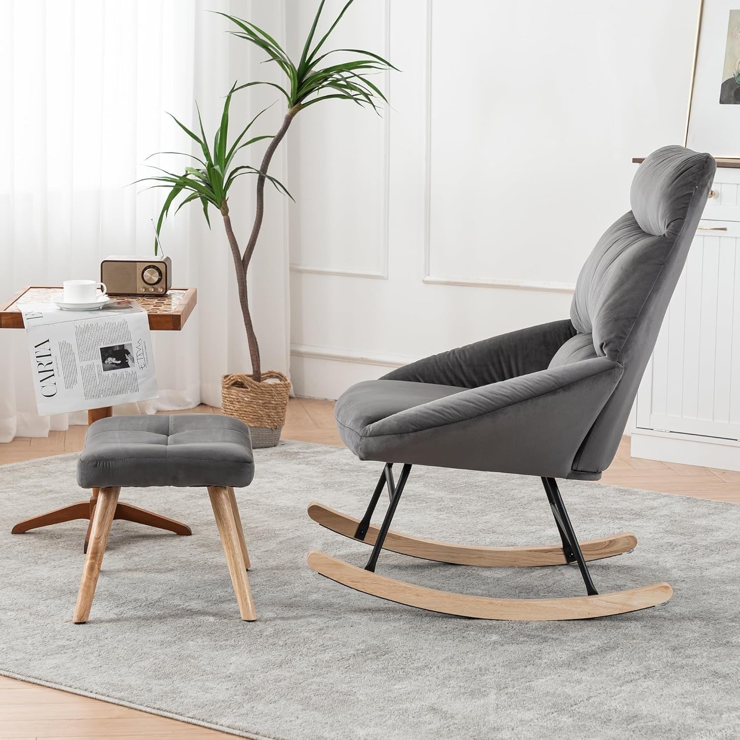 Ergonomic Rocking Chair with Footstool | High Back, Cushioned Lounge Seat