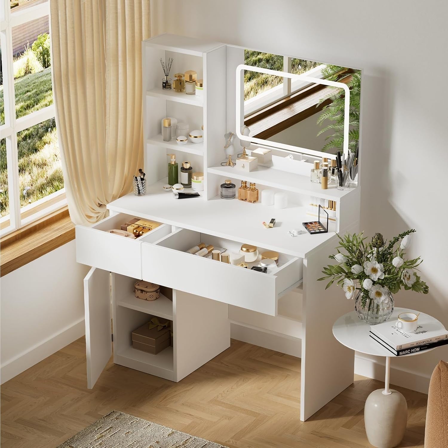 Modern LED Dressing Table Vanity Makeup Desk White 2 Drawers Storage Mirror