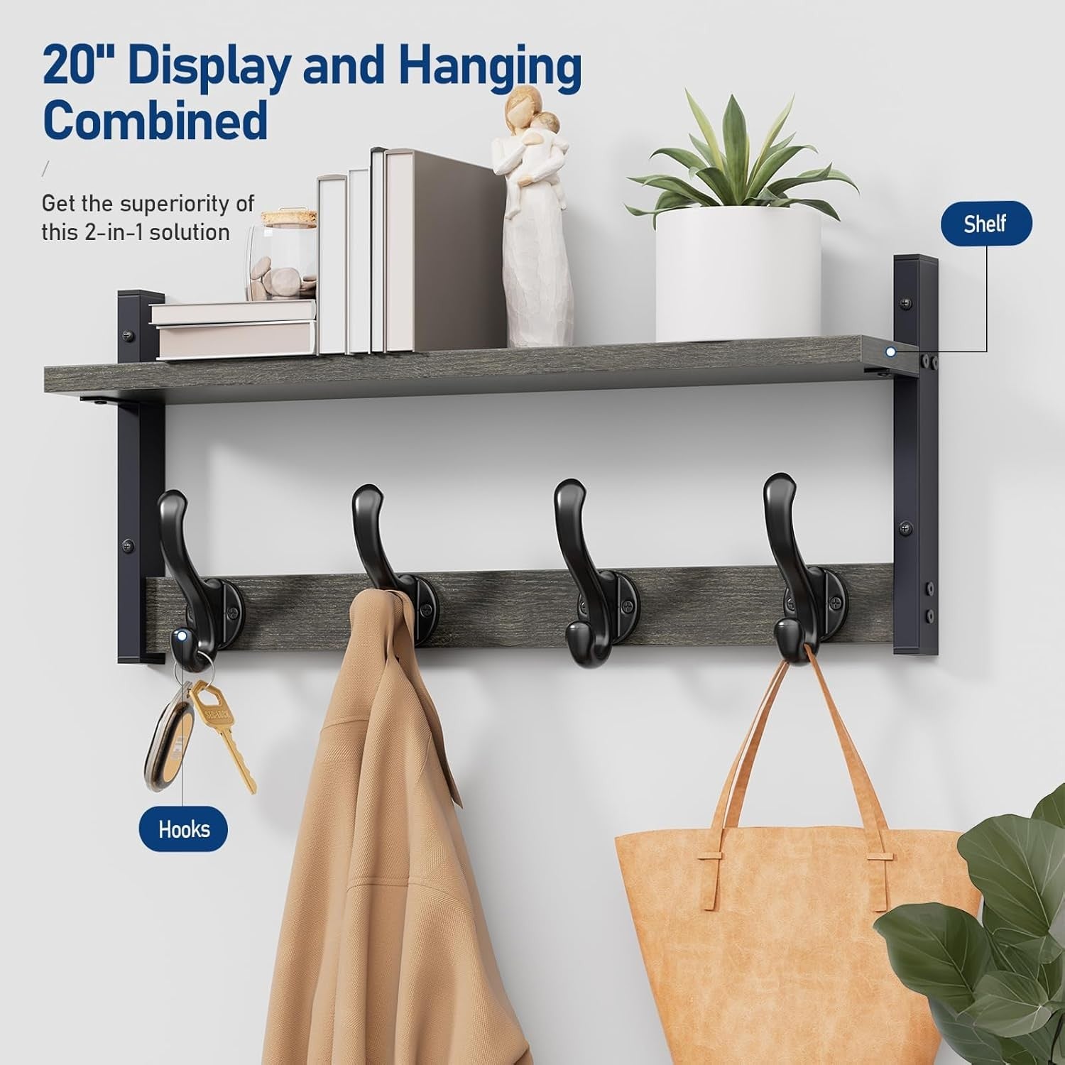 Wall Mounted Coat Rack with Shelf 20” | Rustic Ebony Hooks for Entryway