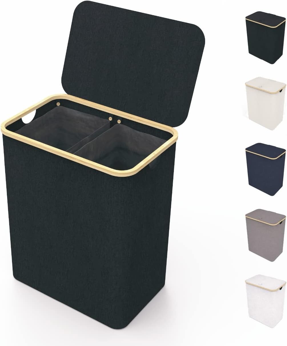 150L Double Laundry Basket Black with Lid & Bamboo Frame – Large Laundry Hamper