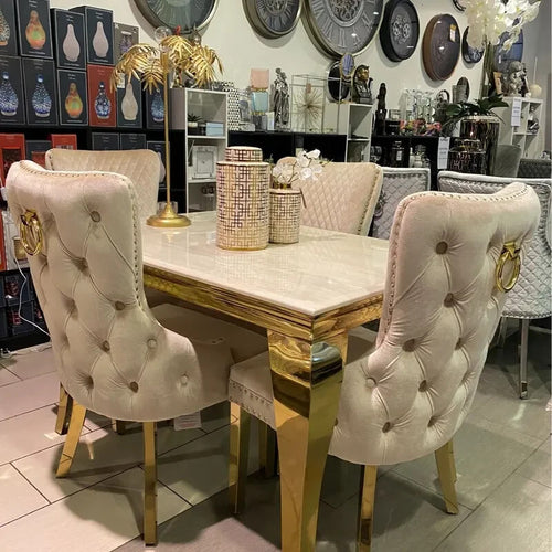 2x Mink Velvet Dining Chairs Gold Legs Ring Back Luxury Tufted Seat Pair