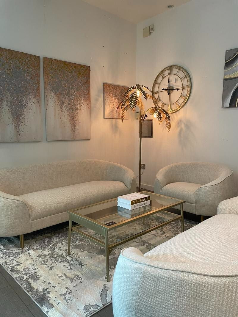 3+2+1 Oatmeal Fabric Sofa Set Gold Legs Curved Armchairs Living Room