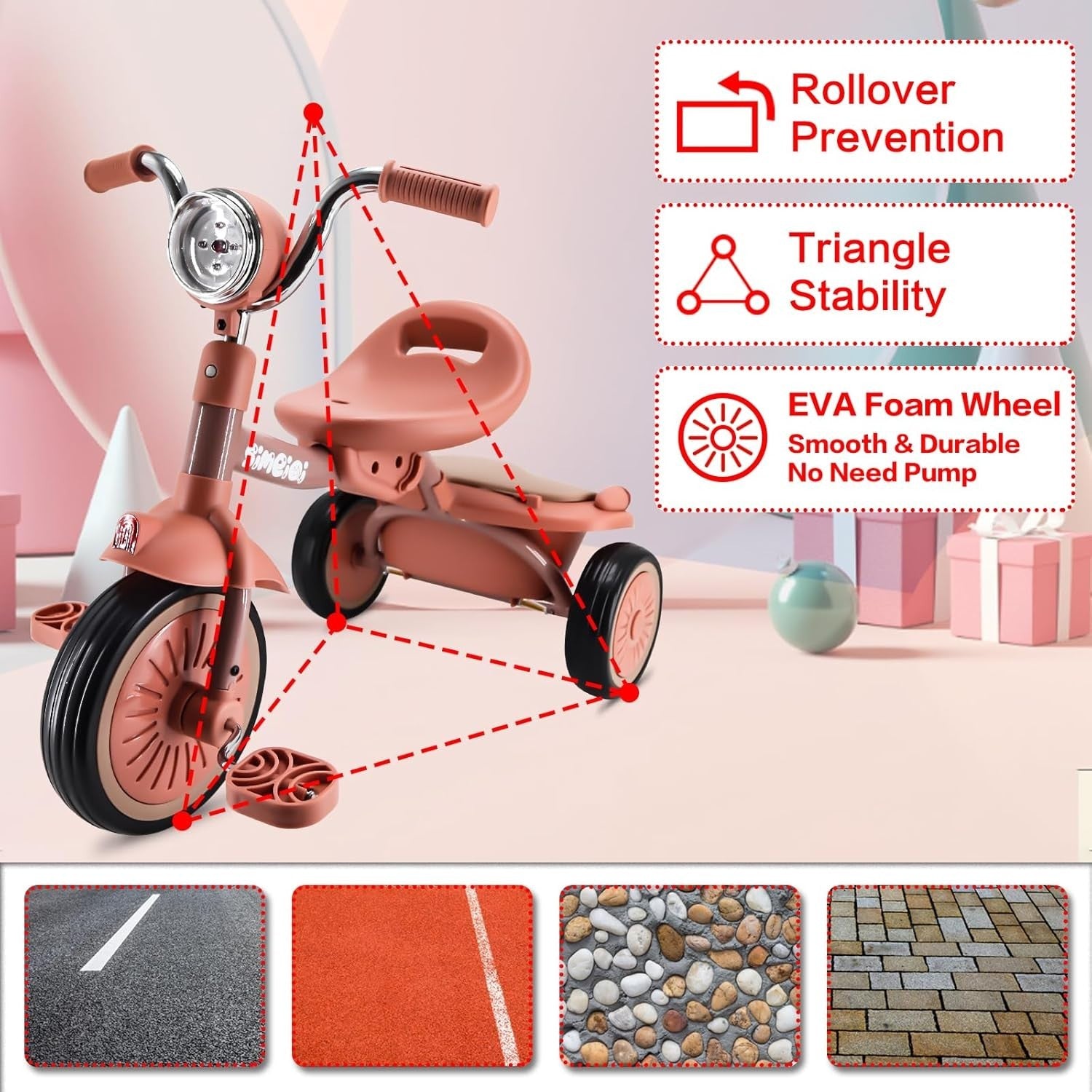 Foldable Toddler Tricycle 3 Wheel Kids Bike Music Lights Storage 1-4Y