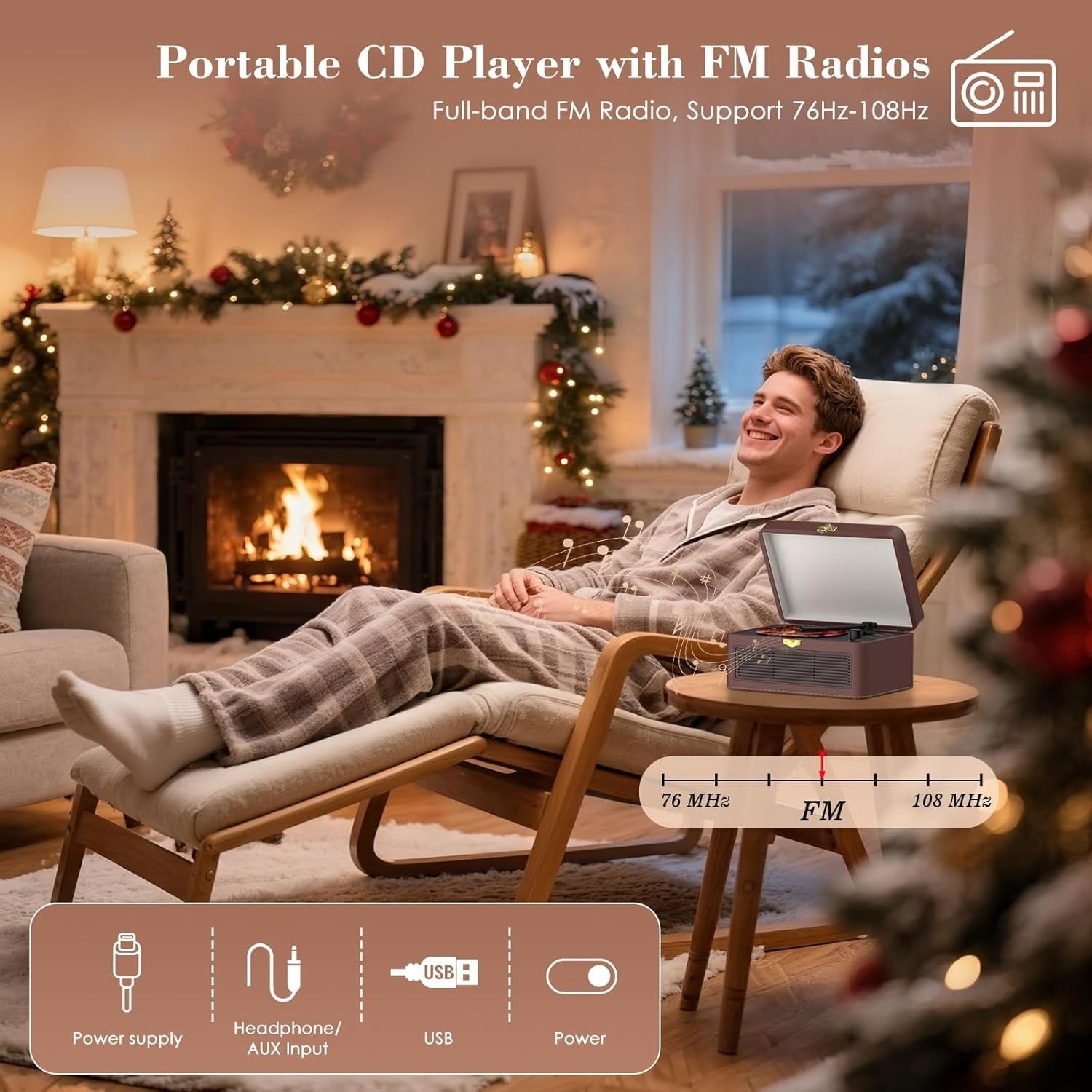 Retro Bluetooth CD Player FM Radio USB AUX HiFi Speakers Brown PU