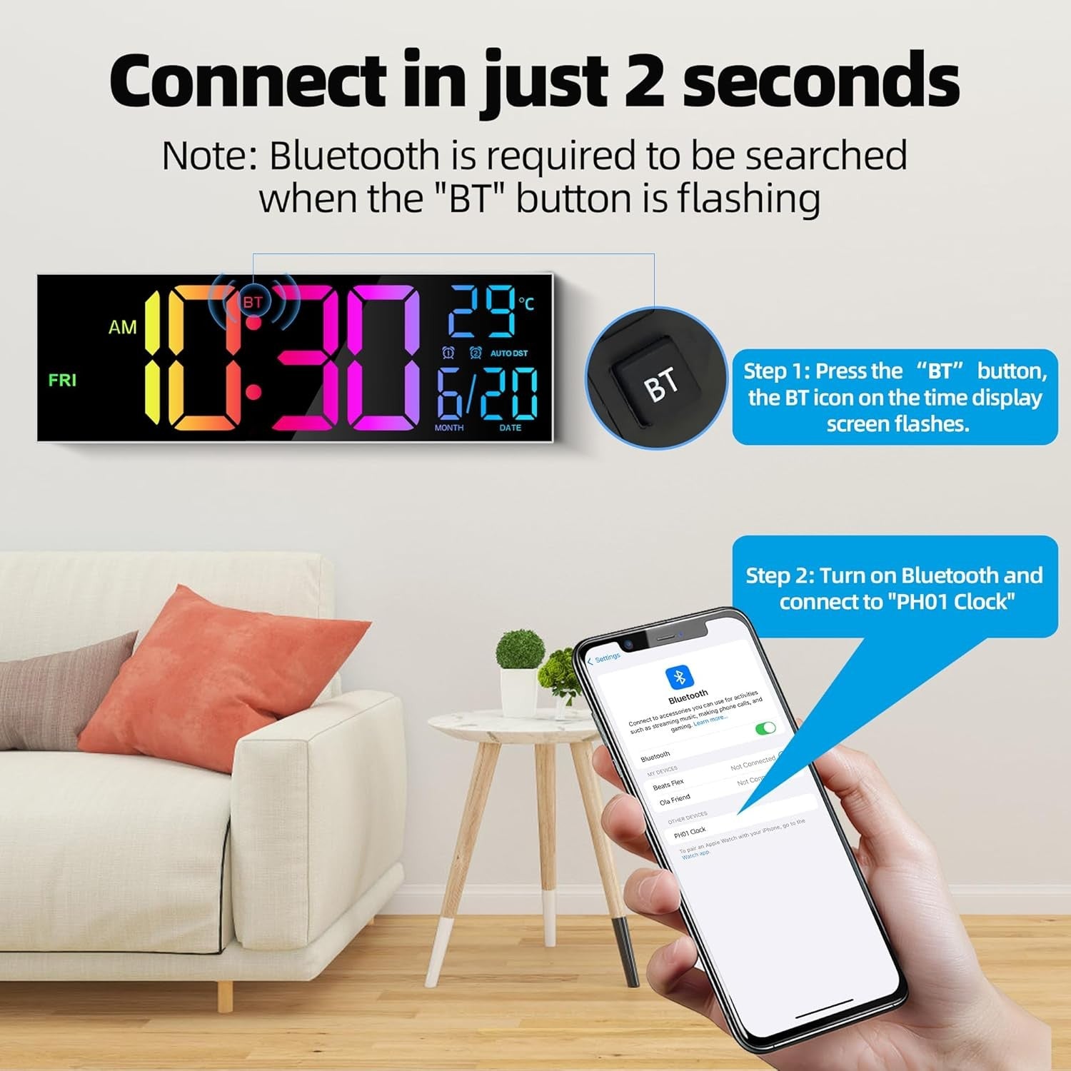16.2 Inch Large Digital Wall Clock LED RGB Bluetooth Remote Temp Alarm