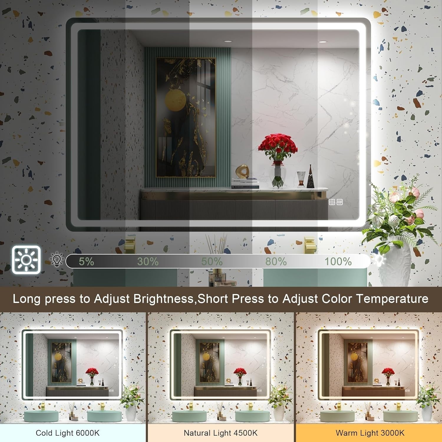LED Bathroom Mirror 70x100 cm with Anti-Fog, Dimmable Lights & Memory