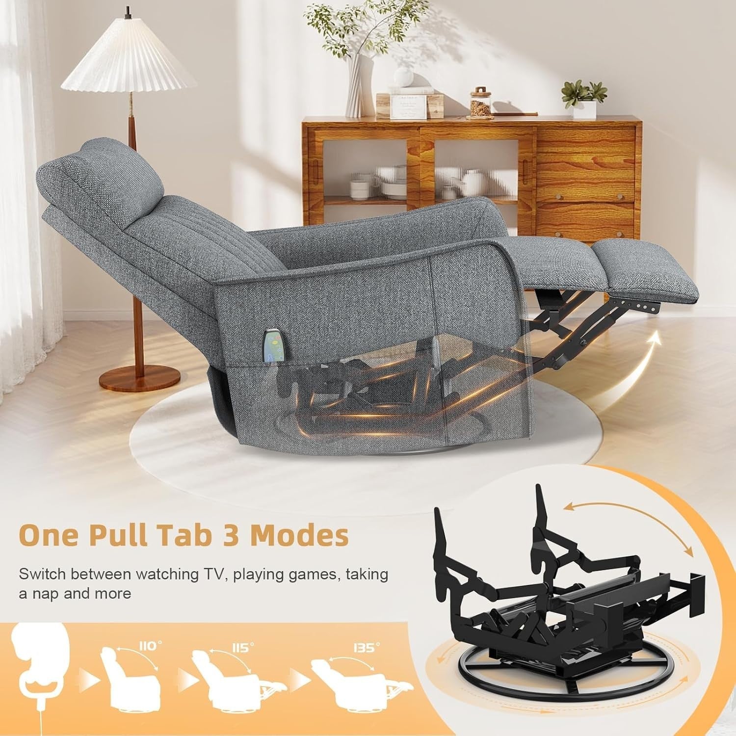 Swivel Rocking Recliner Chair Massage Heat 135° Recline Footrest Dual Pockets