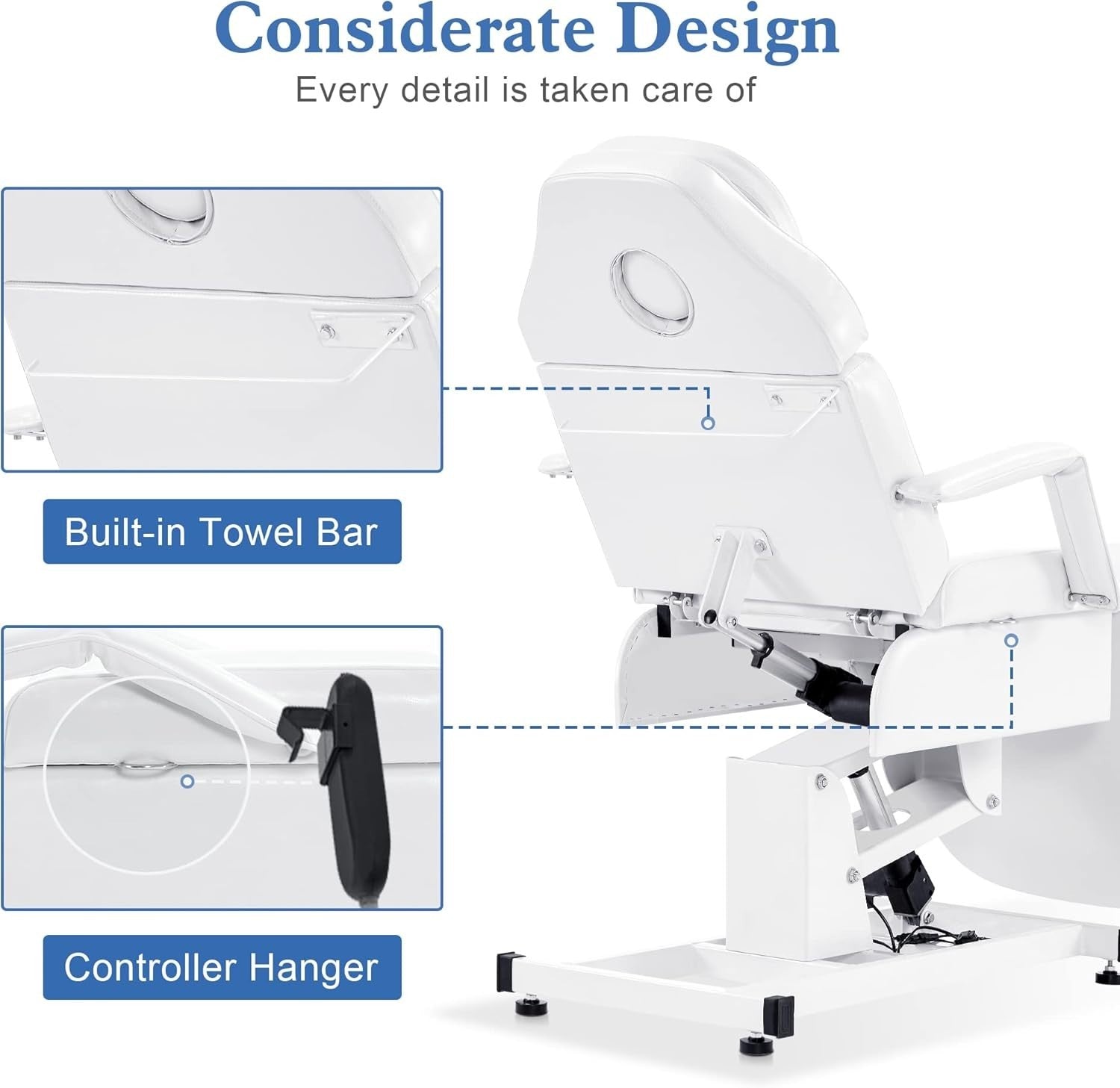 Fully Electric 3-Motor Beauty Massage Bed Facial Lash Tattoo Adjustable White