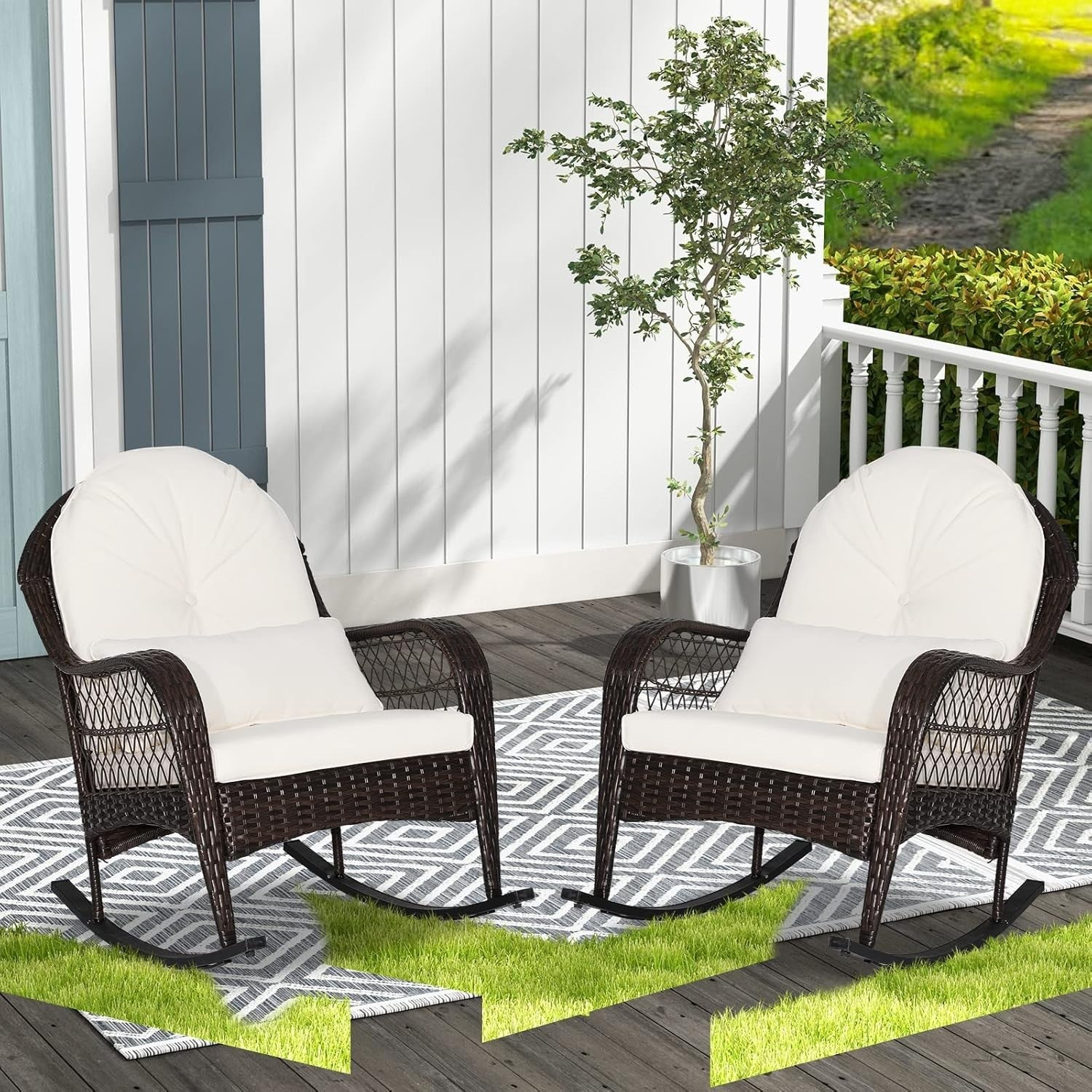 White Rattan Rocking Chair Cushioned Patio Garden Porch Outdoor Relax Armchair
