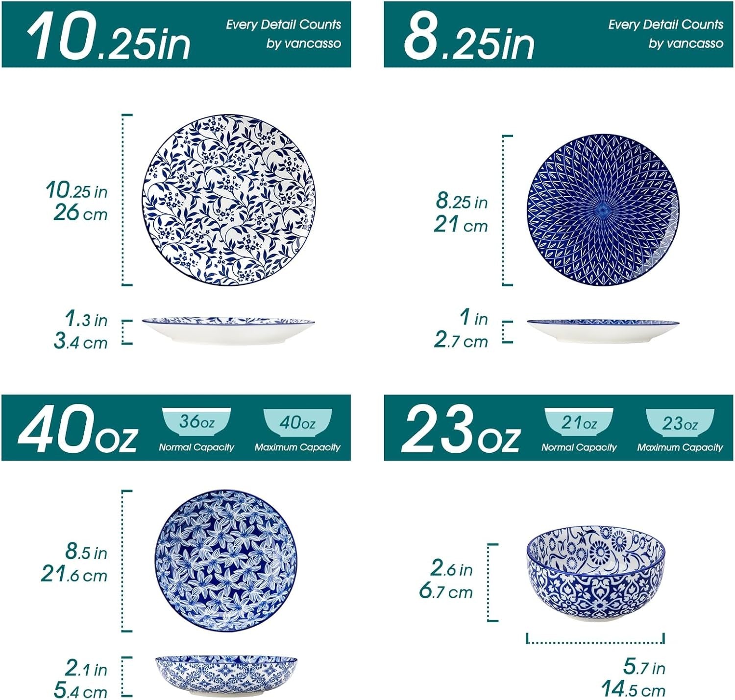 24pc Porcelain Dinnerware Set Blue White Plates Bowls Dishwasher Safe