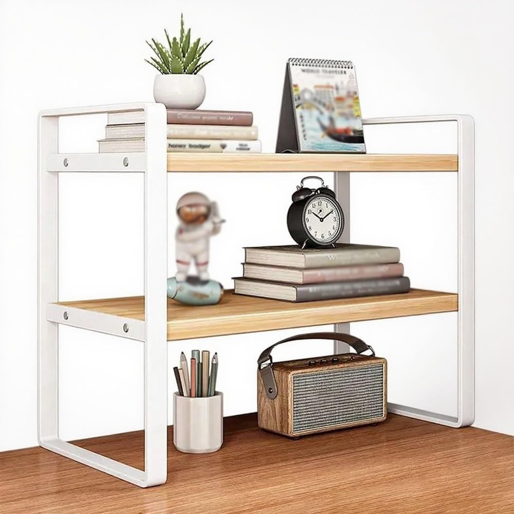 2-Tier Desktop Bookshelf Organizer | White Wood & Metal Desk Storage Rack 50cm