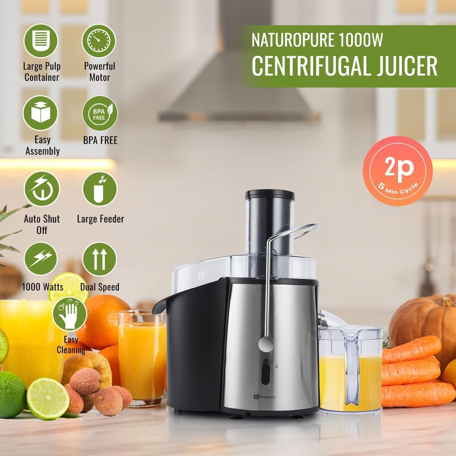 1000W Centrifugal Juicer 75mm Wide Chute 2 Speed Whole Fruit BPA Free Easy