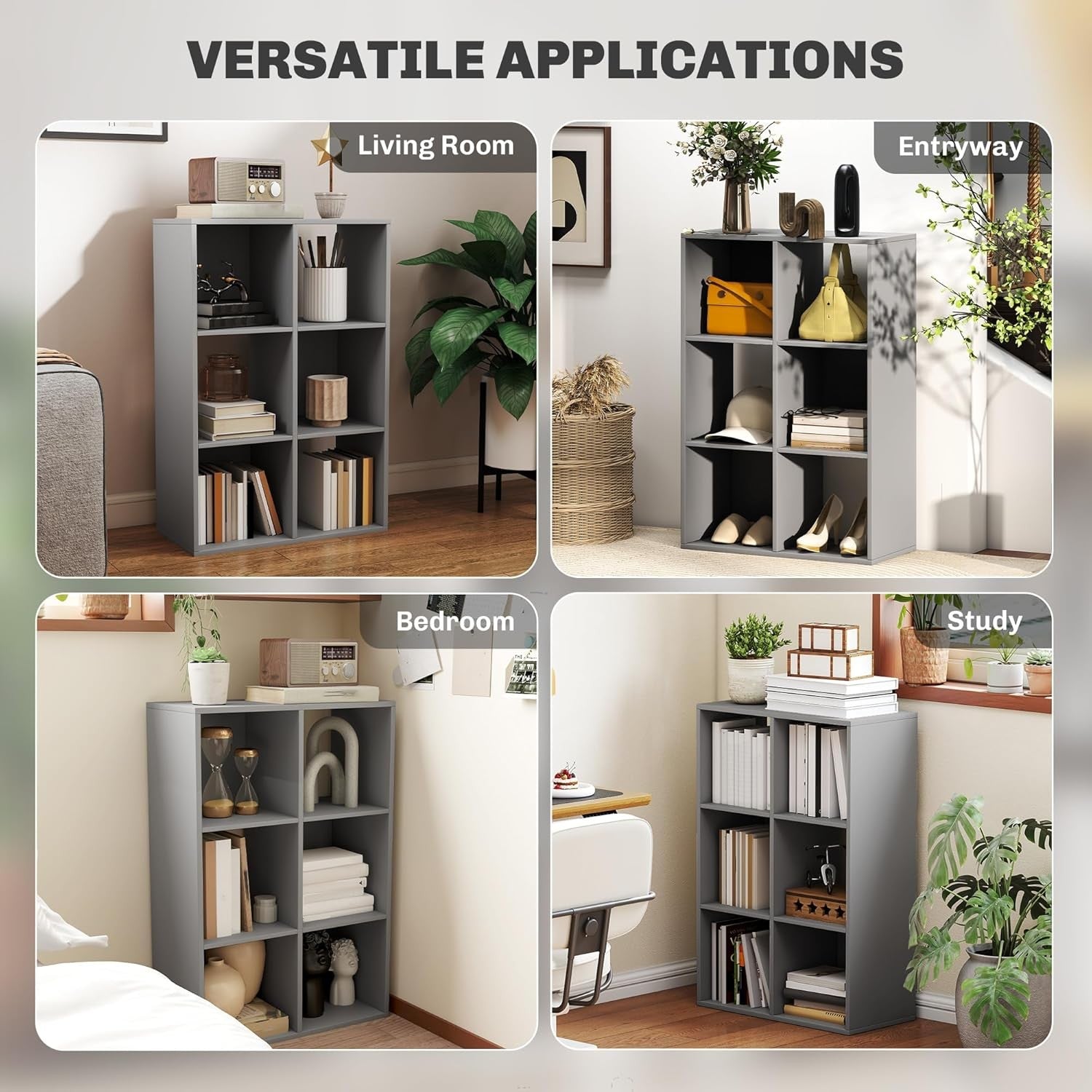 Modern 6-Cube Bookcase Storage Unit Light Grey Shelving for Living Room Office