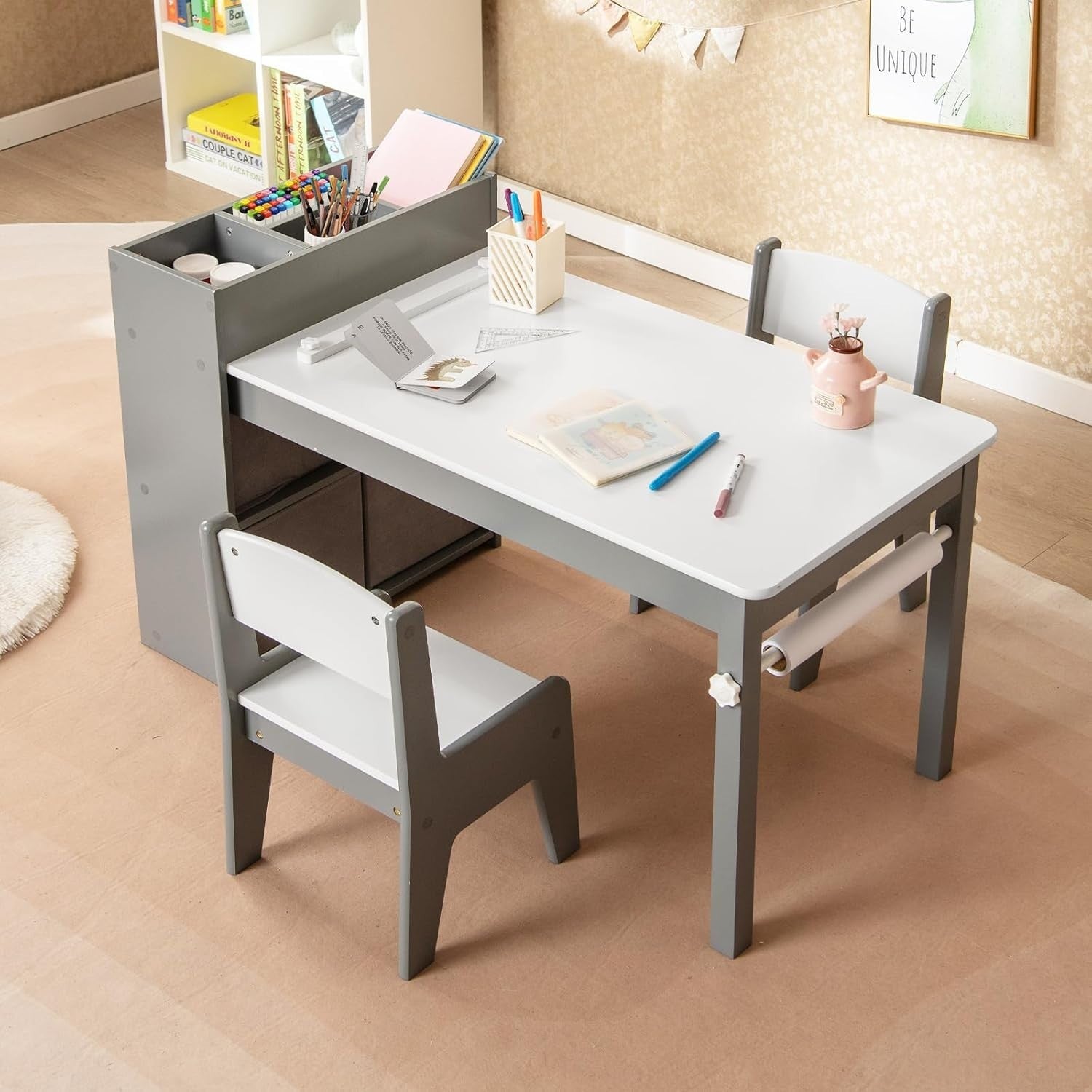 Kids Art Table & Chair Set Grey – Paper Roll + Storage Bins Craft Desk