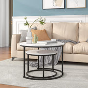 Nesting Coffee Tables Set of 2 Round Faux Marble Side End Table Storage White