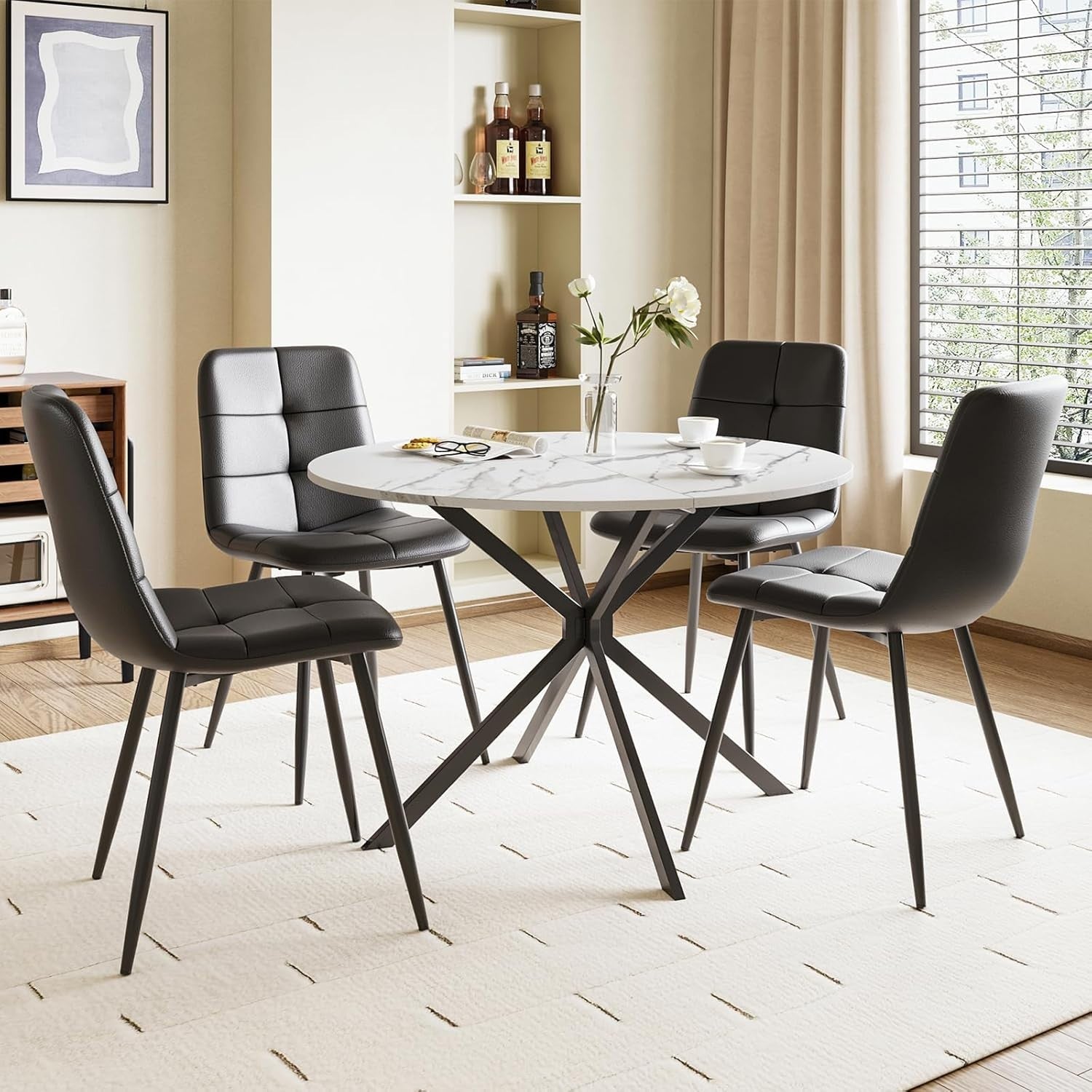 Folding Round Drop Leaf Dining Table Marble Effect Small Space Kitchen