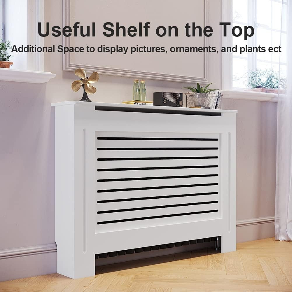 White Adjustable Radiator Cover Cabinet | MDF Horizontal Slat Shelf