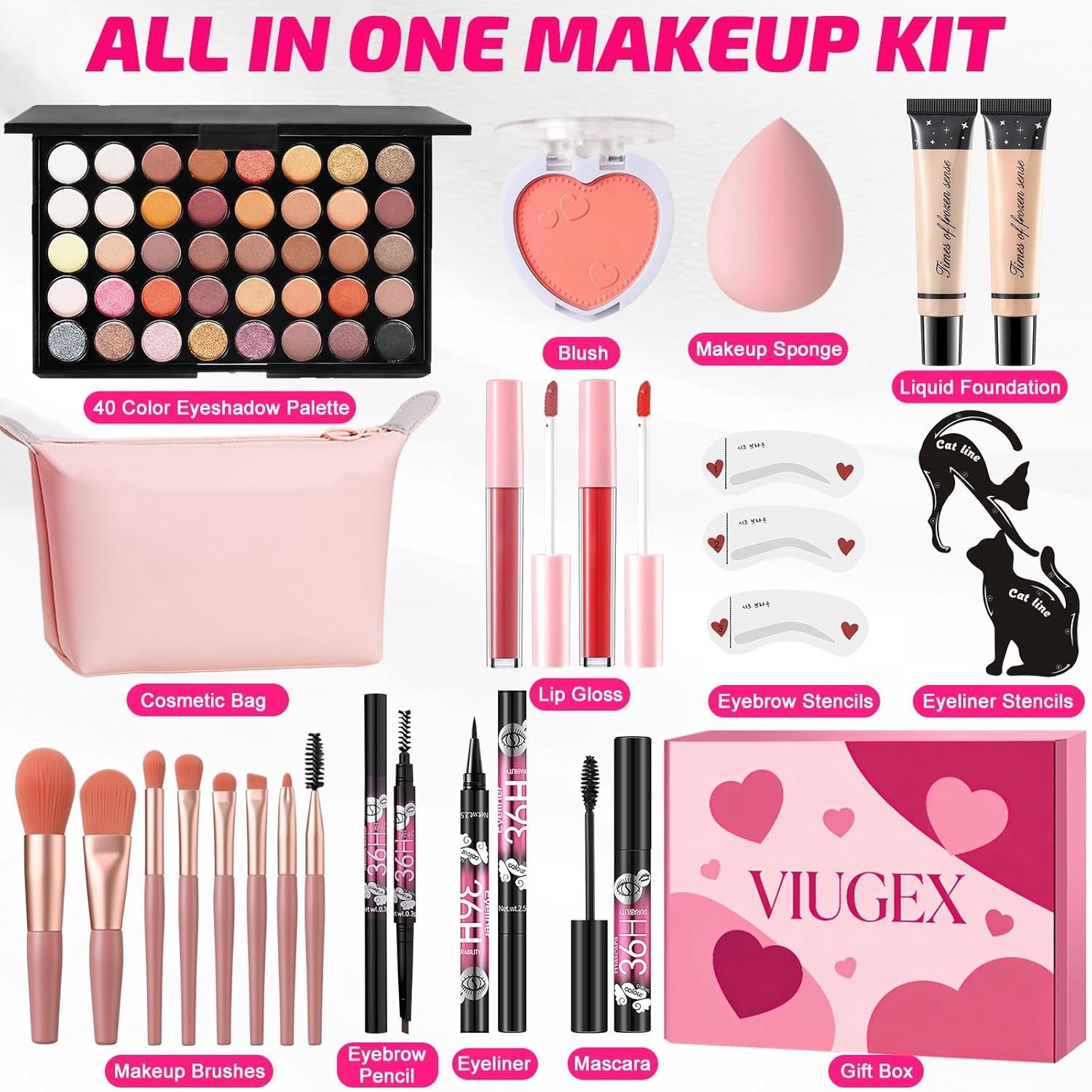 All In One Makeup Kit Gift Set 40 Colour Palette Brushes Bag