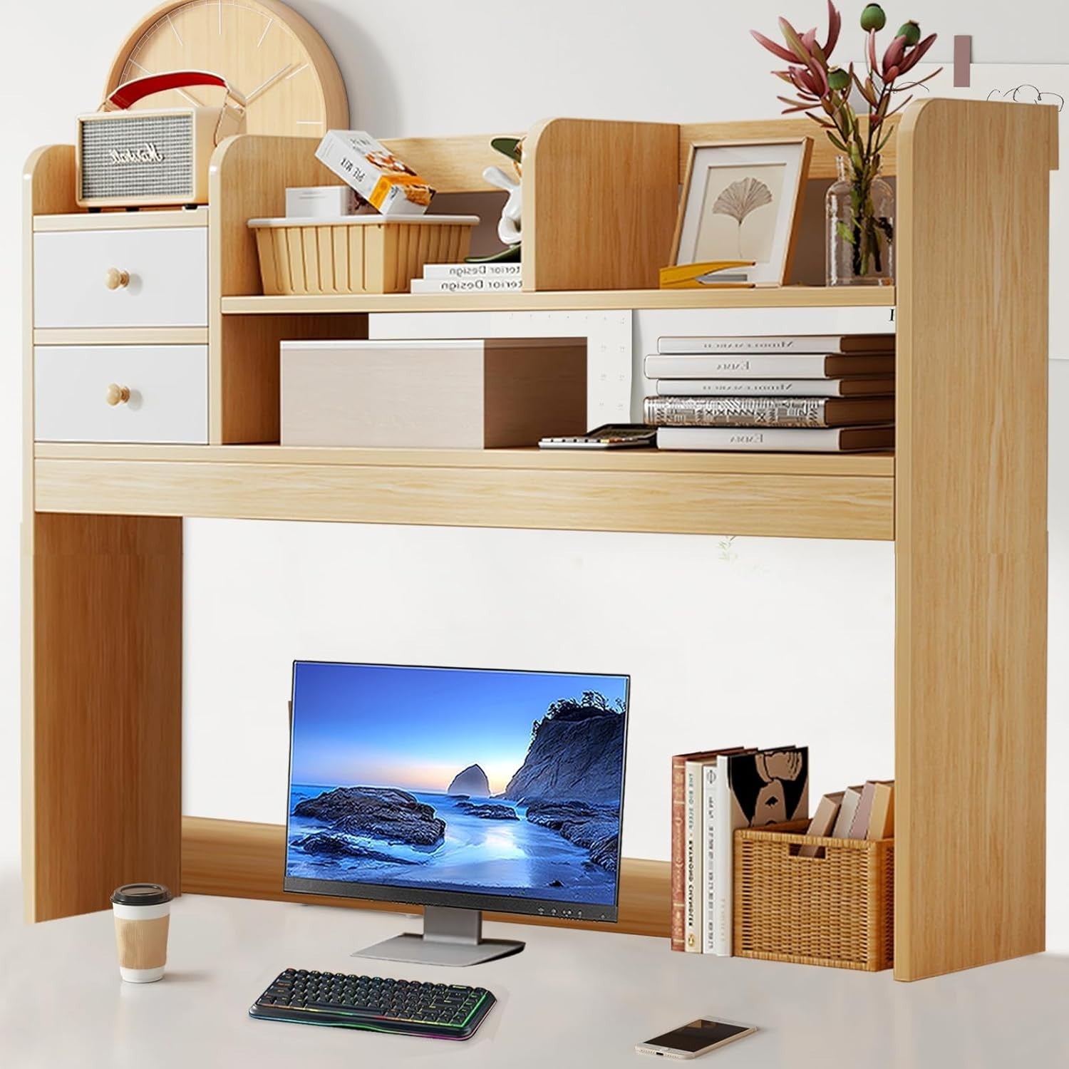 36.6" Wooden Desk Hutch Shelf | 4-Tier Desktop Bookshelf Organizer for Office