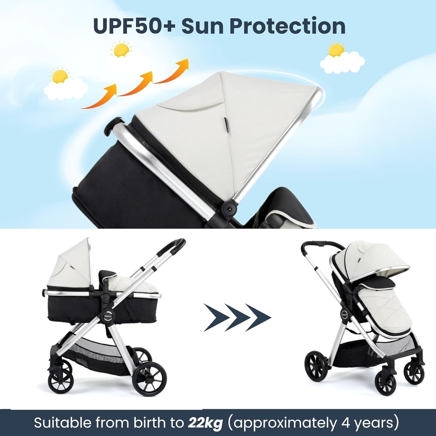 Silver 2 in 1 Baby Pram Pushchair Lightweight Foldable Carrycot