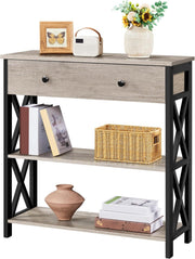 Compact Grey Console Table with Drawer & 2 Shelves, 80x29.5x81cm, Stylish