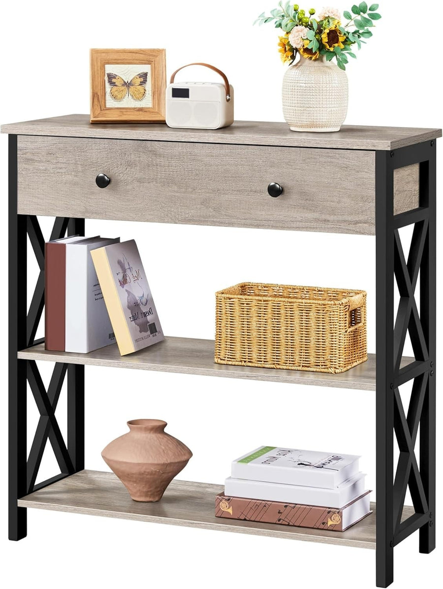 Compact Grey Console Table with Drawer & 2 Shelves, 80x29.5x81cm, Stylish