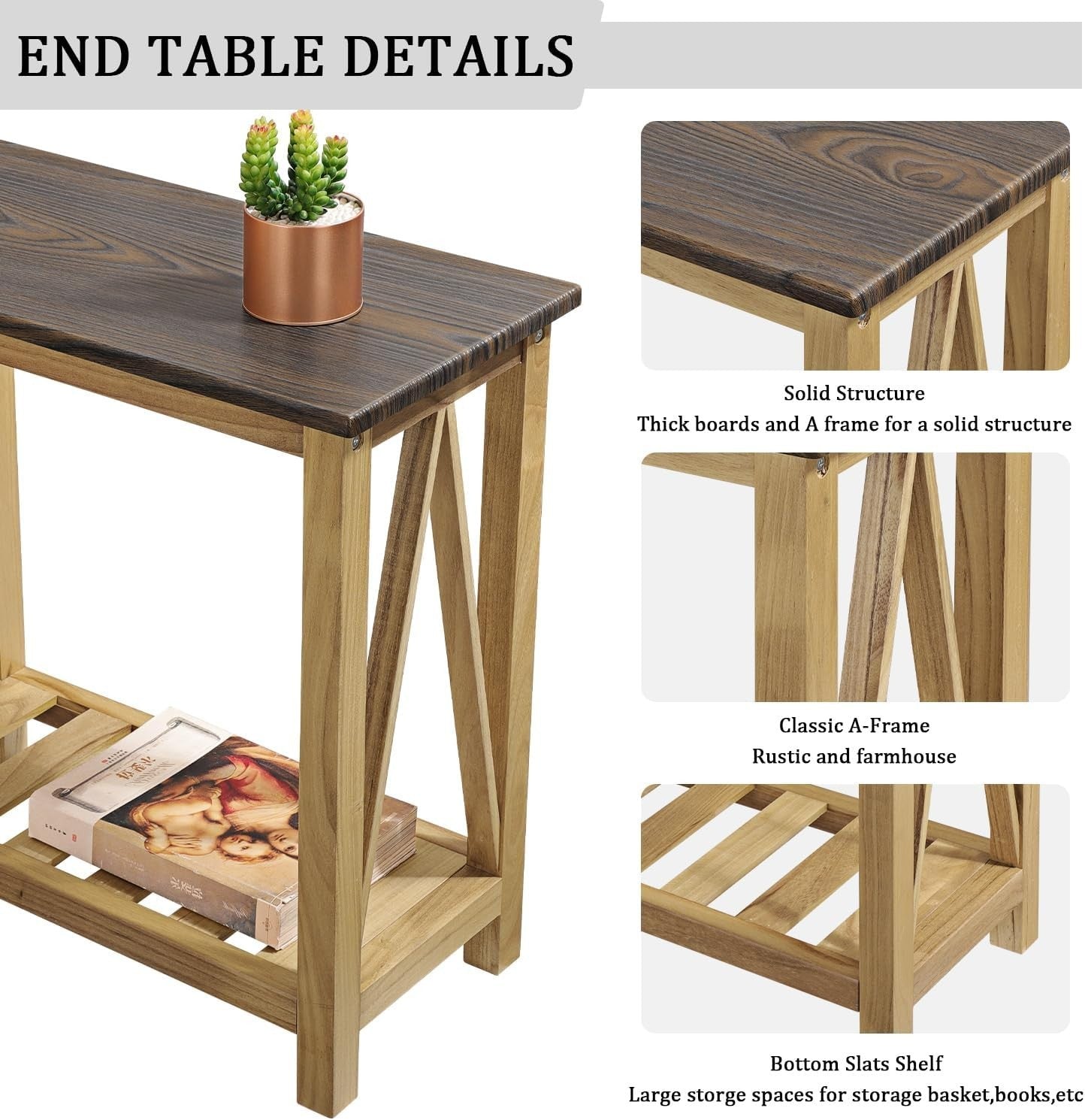 Rustic Narrow Side Table with Storage Shelf, Rectangular Nightstand for Small Sp