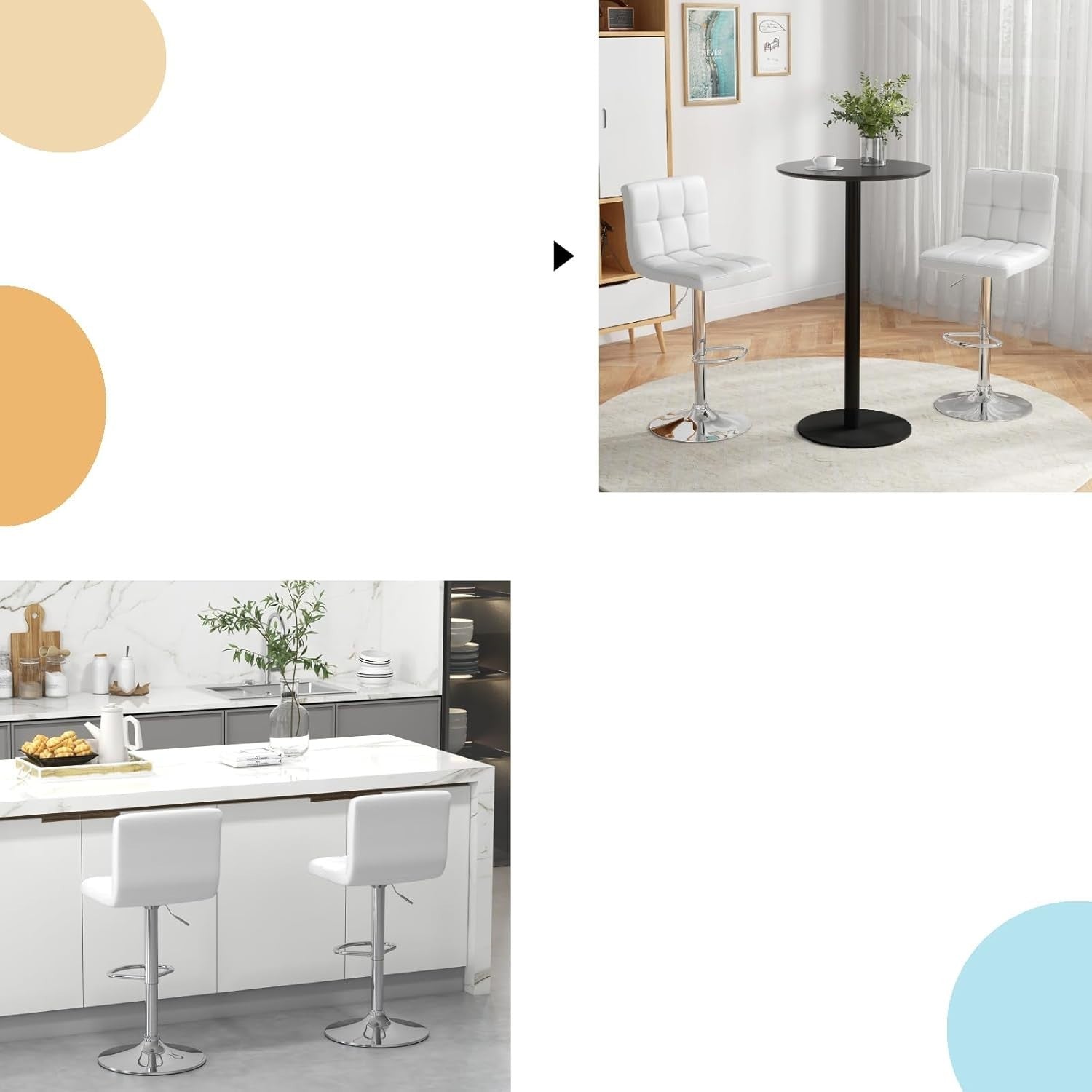 Set of 2 Adjustable White PU Leather Bar Stools with Swivel & Footrest