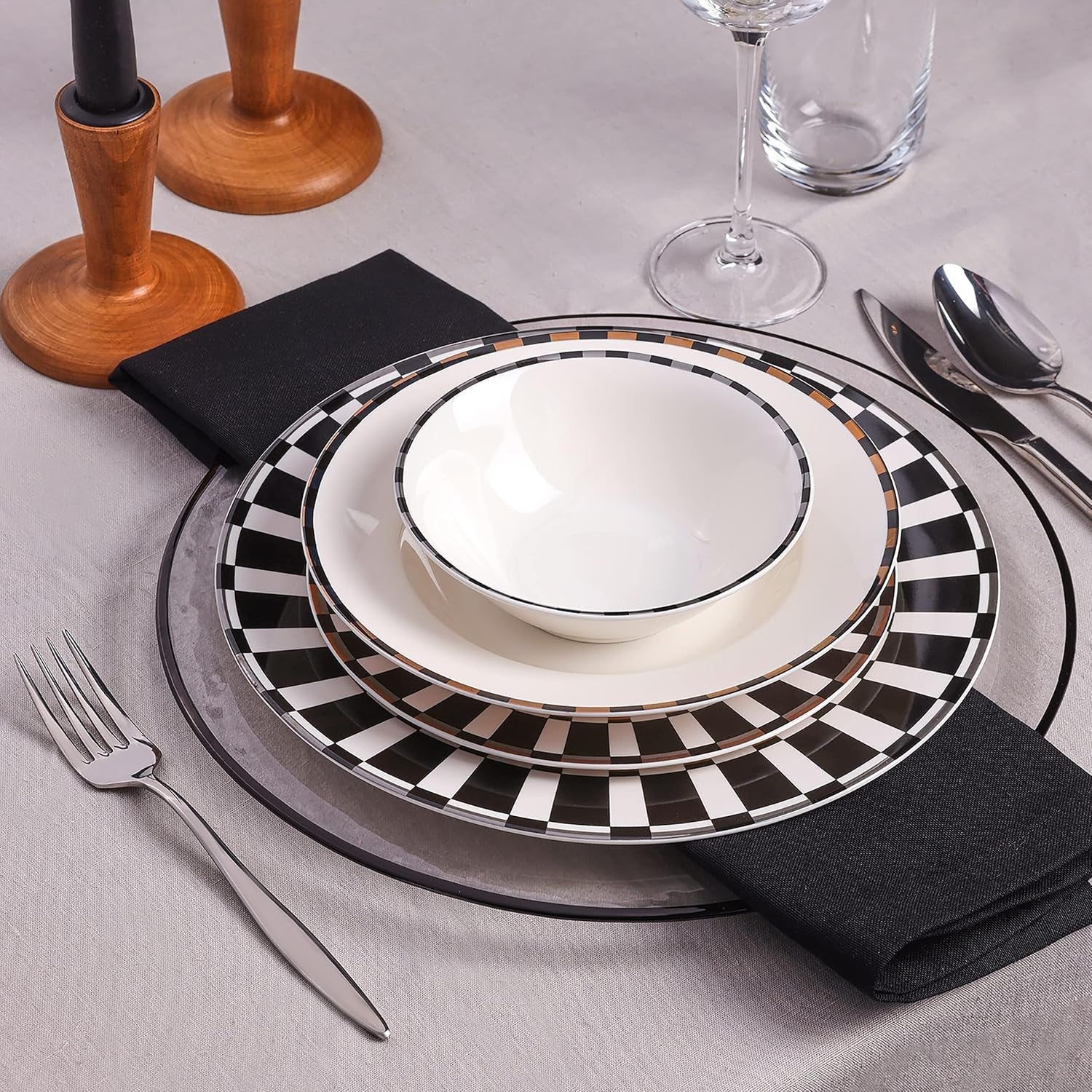 24pc Black White Dinner Set for 6 Bone China Plates Bowls Luxury Checked