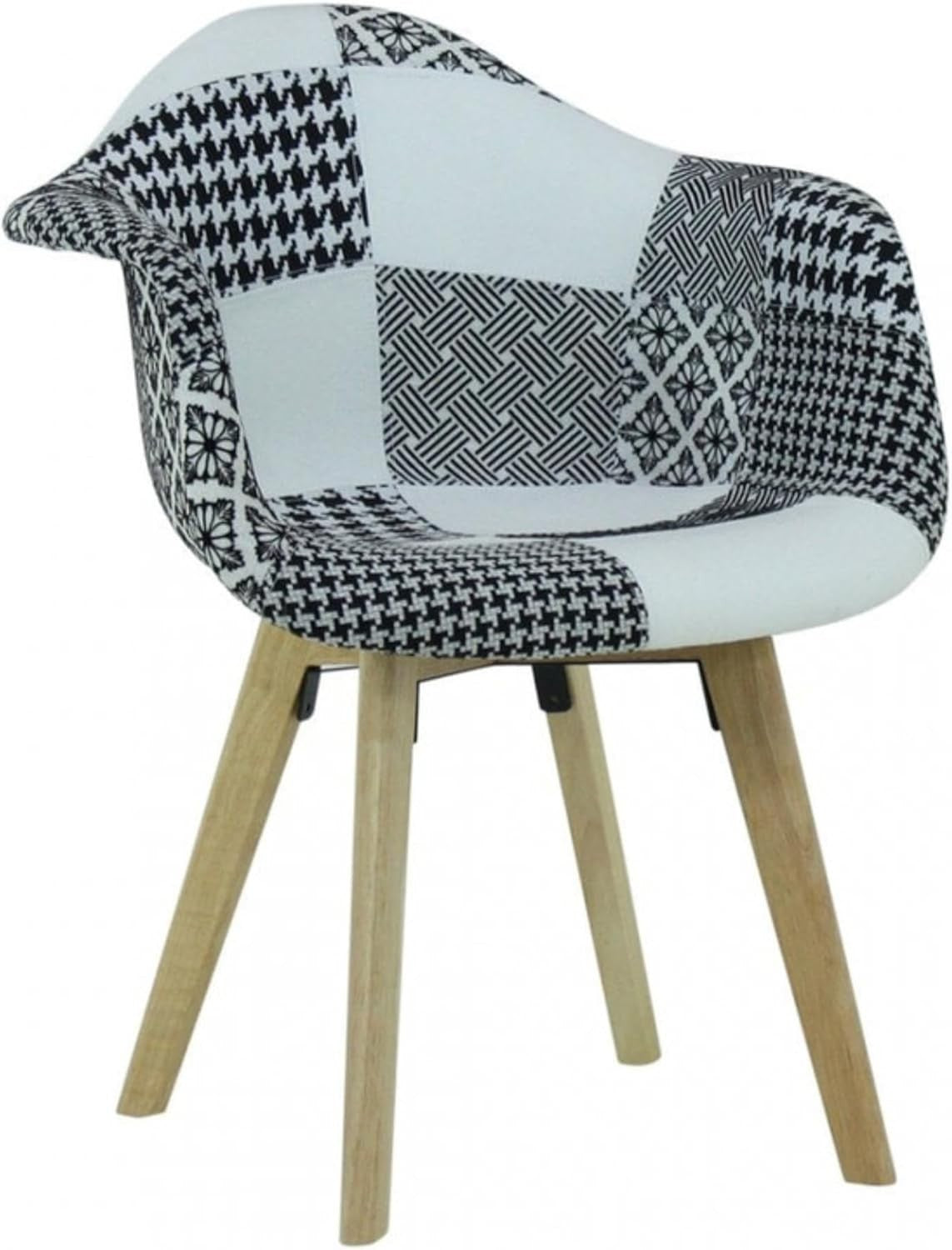 Black White Patchwork Dining Chair with Arms Wood Legs Fabric