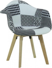 Black White Patchwork Dining Chair with Arms Wood Legs Fabric