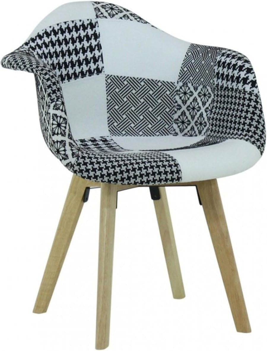 Black White Patchwork Dining Chair with Arms Wood Legs Fabric
