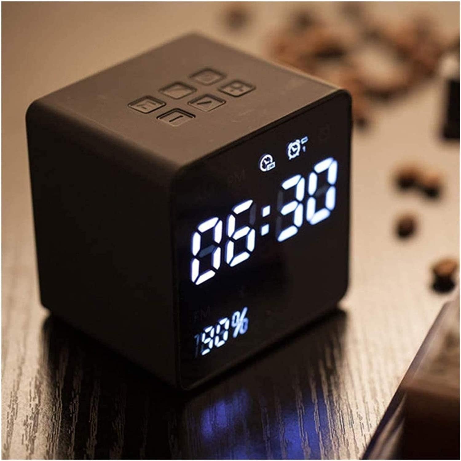 Black Digital Alarm Clock Bright LED Display Snooze Bedside Cube Design