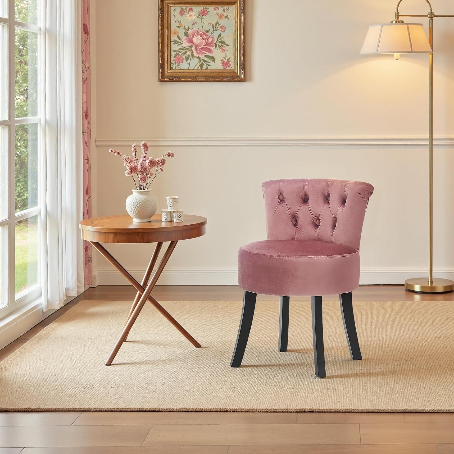 Pink Velvet High-Back Vanity Chair – Wooden Leg Dressing Table Stool