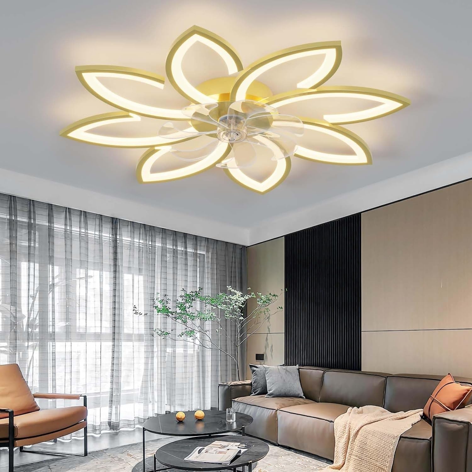 90CM Ceiling Fan with Light, 6-Speed, Remote, Silent DC, Gold, LED