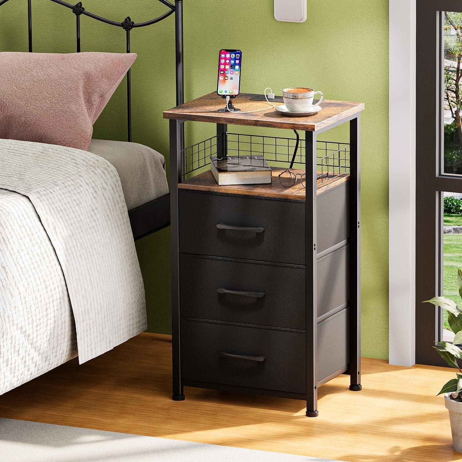 Set of 2 Rustic Brown LED Bedside Tables with 3 Drawers & USB Charging Ports