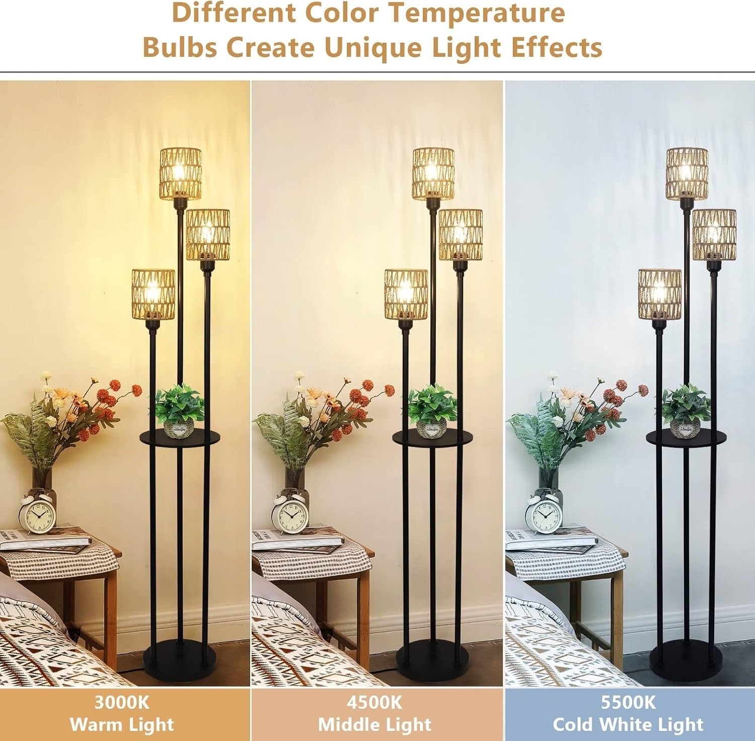 3-Light Boho Rattan Floor Lamp with Shelves, Foot Switch & Rustic Charm