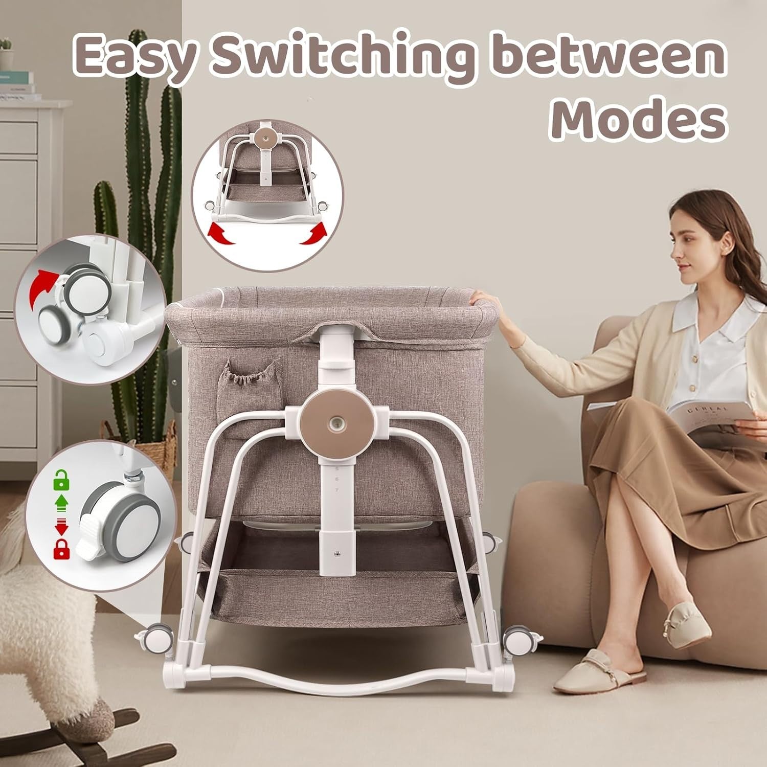 4 in 1 Baby Crib Bedside Cot with Wheels, Mosquito Net & Mattress